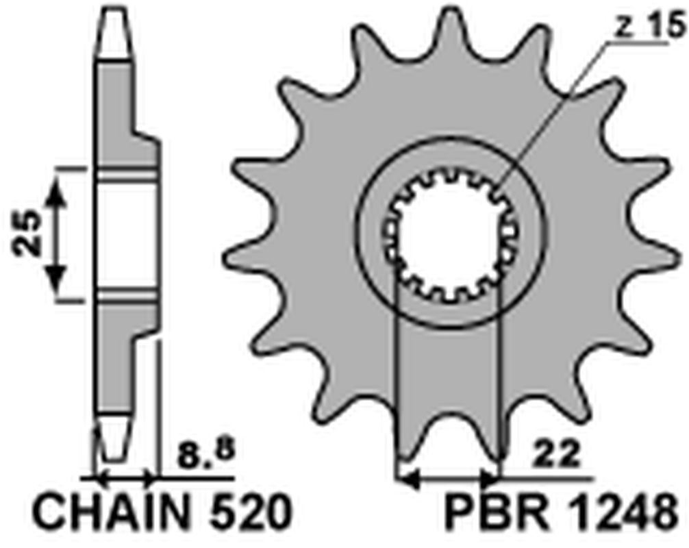 PBR řetězové kolo přední 1248 15 18NC KTM SX/EXC 125/150 88-25 samočistící (JTF1901.15SC) (řetěz 520) (MADE IN ITALY) (PBR řetězové kolo přední 1248)